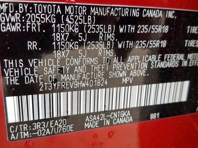 2T3YFREV9HW401824 - 2017 TOYOTA RAV4 LIMIT RED photo 10