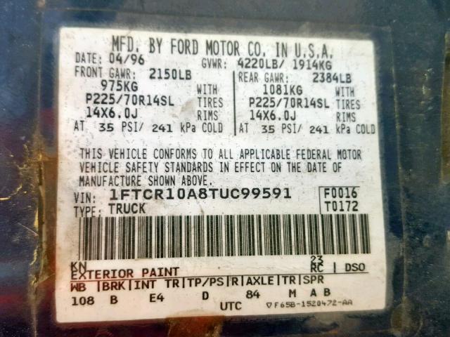 1FTCR10A8TUC99591 - 1996 FORD RANGER BLUE photo 10