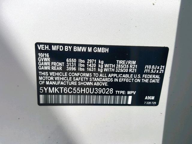 5YMKT6C55H0U39028 - 2017 BMW X5 M WHITE photo 10
