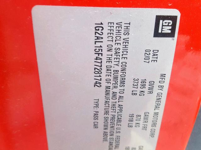 1G2AL15F477281742 - 2007 PONTIAC G5 RED photo 10