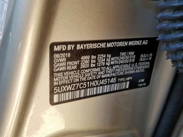 5UXWZ7C51H0U45146 - 2017 BMW X3 SDRIVE2 GOLD photo 10