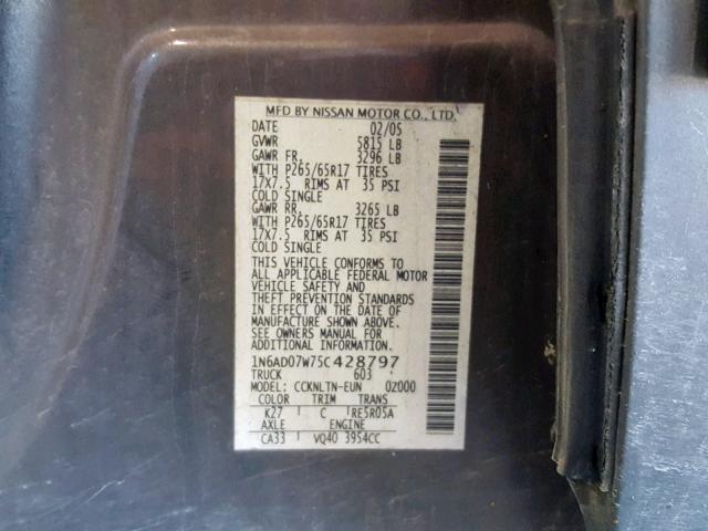 1N6AD07W75C428797 - 2005 NISSAN FRONTIER C GRAY photo 10