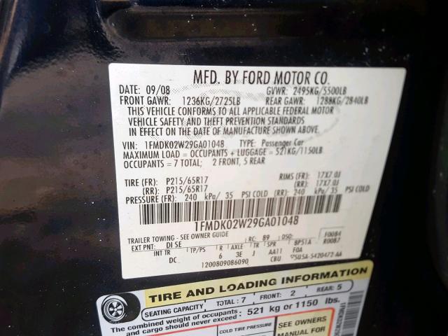 1FMDK02W29GA01048 - 2009 FORD TAURUS X S BLACK photo 10