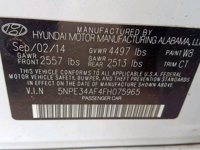 5NPE34AF4FH075965 - 2015 HYUNDAI SONATA SPO WHITE photo 10