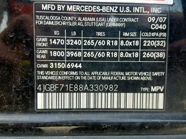 4JGBF71E88A330982 - 2008 MERCEDES-BENZ GL 450 4MA BLACK photo 10