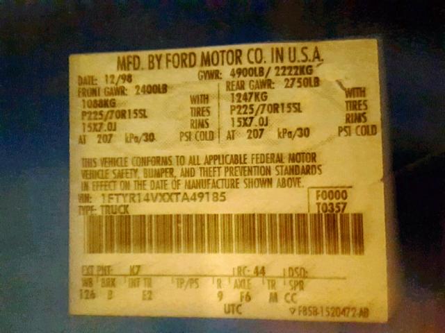 1FTYR14VXXTA49185 - 1999 FORD RANGER XL BLUE photo 10