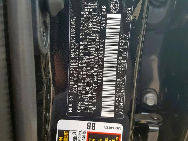 4T1B21FB8KU001910 - 2019 TOYOTA AVALON XLE BLACK photo 10