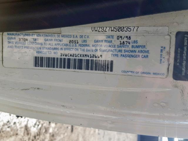 3VWCA21CXXM412669 - 1999 VOLKSWAGEN NEW BEETLE თეთრი ფოტო 10