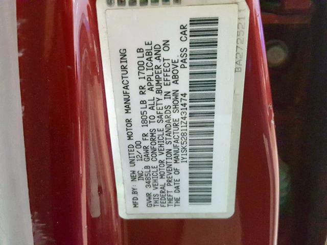 1Y1SK52811Z431474 - 2001 CHEVROLET GEO PRIZM 红色 照片 10