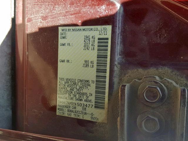 1N4AL2AP0CN503477 - 2012 NISSAN ALTIMA BAS მუქწითელი ფოტო 10