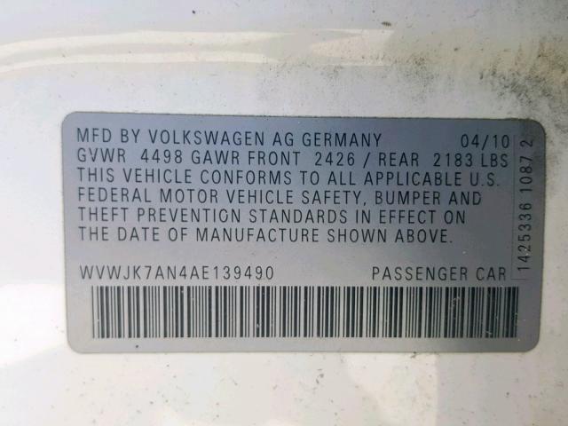 WVWJK7AN4AE139490 - 2010 VOLKSWAGEN PASSAT KOM WHITE photo 10