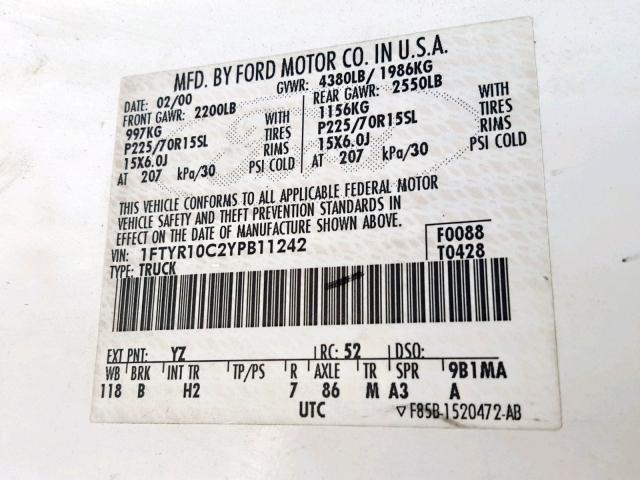 1FTYR10C2YPB11242 - 2000 FORD RANGER WHITE photo 10