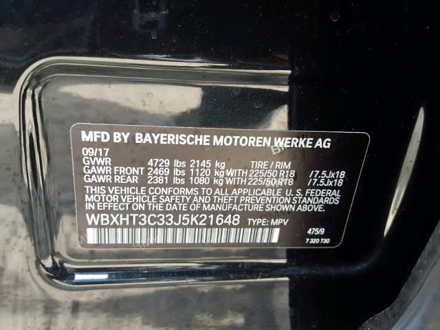 WBXHT3C33J5K21648 - 2018 BMW X1 XDRIVE2 BLACK photo 10