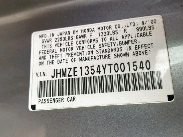 JHMZE1354YT001540 - 2000 HONDA INSIGHT SILVER photo 10