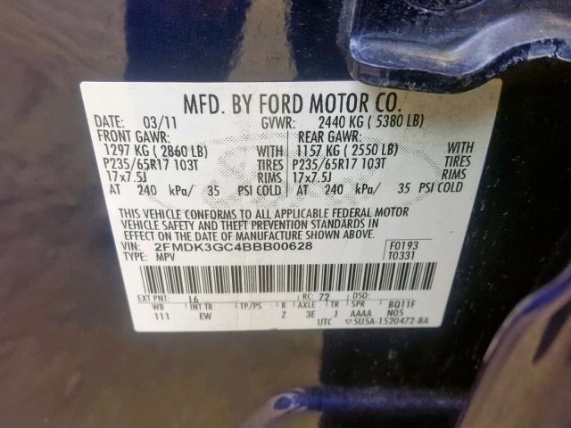 2FMDK3GC4BBB00628 - 2011 FORD EDGE SE BLUE photo 10