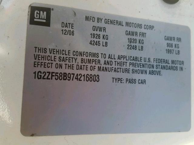 1G2ZF58B974216803 - 2007 PONTIAC G6 VALUE L WHITE photo 10