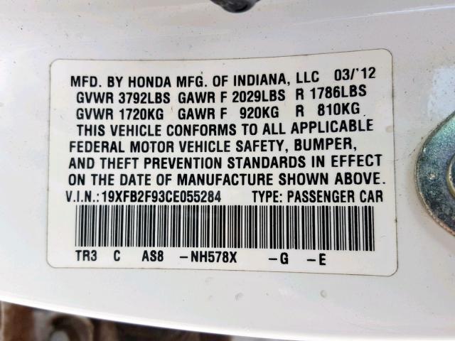 19XFB2F93CE055284 - 2012 HONDA CIVIC EXL თეთრი ფოტო 10