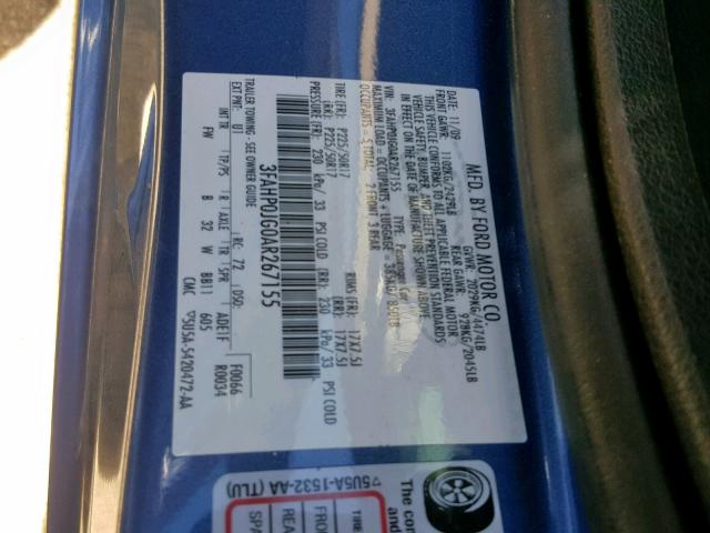 3FAHP0JG0AR267155 - 2010 FORD FUSION SEL BLUE photo 10