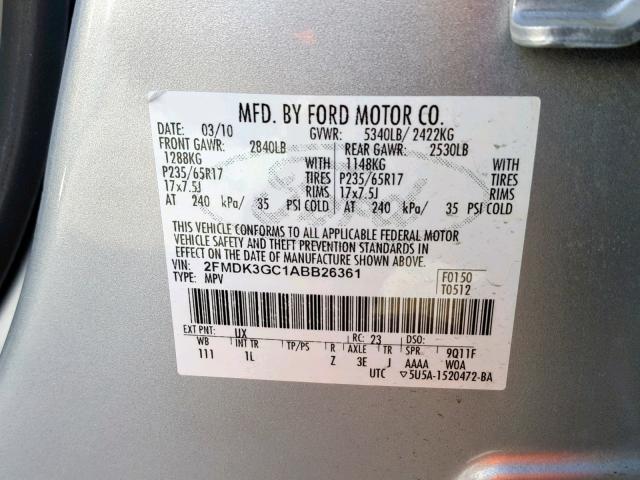 2FMDK3GC1ABB26361 - 2010 FORD EDGE SE SILVER photo 10