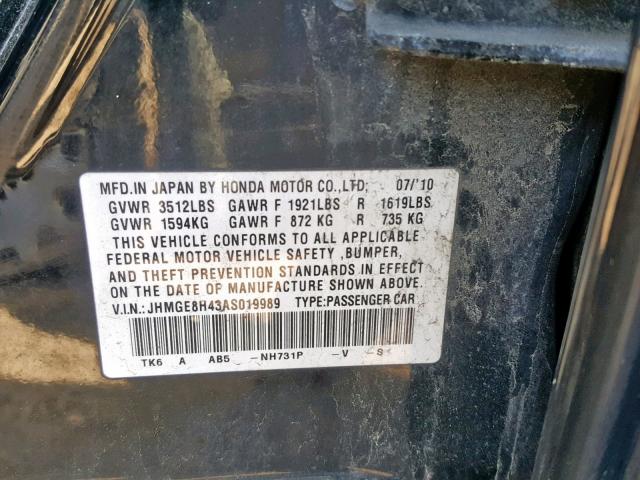 JHMGE8H43AS019989 - 2010 HONDA FIT SPORT BLACK photo 10