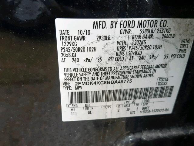 2FMDK4KC8BBA45775 - 2011 FORD EDGE LIMIT BLACK photo 10