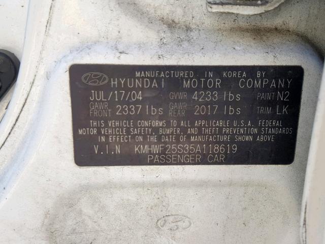 KMHWF25S35A118619 - 2005 HYUNDAI SONATA GL WHITE photo 10