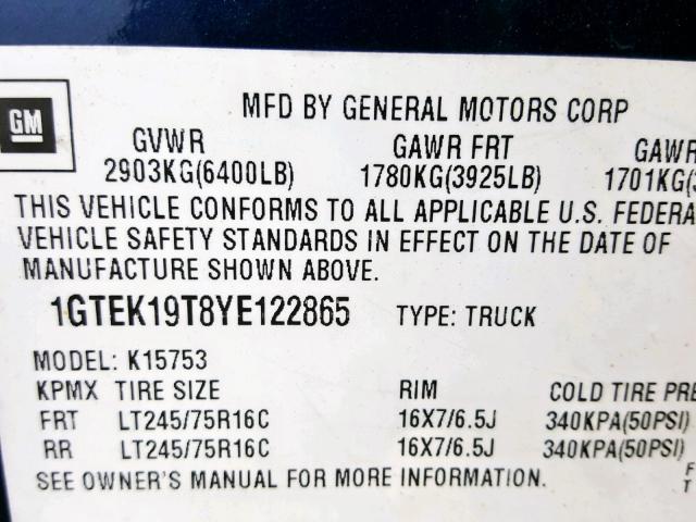 1GTEK19T8YE122865 - 2000 GMC NEW SIERRA BLUE photo 10