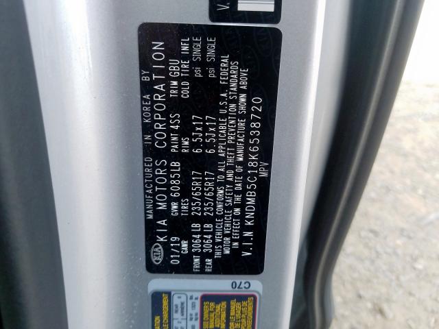 KNDMB5C18K6538720 - 2019 KIA SEDONA LX  photo 10