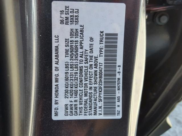 5FPYK3F23HB004717 - 2017 HONDA RIDGELINE CHARCOAL photo 10