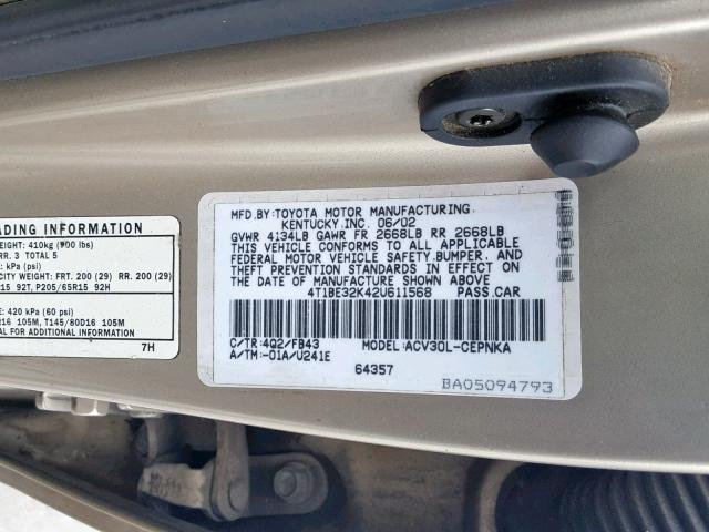 4T1BE32K42U611568 - 2002 TOYOTA CAMRY LE GOLD photo 10