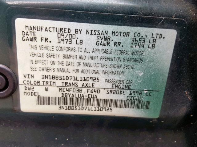 3N1BB51D71L110925 - 2001 NISSAN SENTRA SE GREEN photo 10