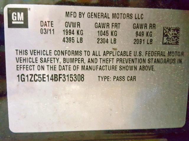 1G1ZC5E14BF315308 - 2011 CHEVROLET MALIBU 1LT 黑色 照片 10