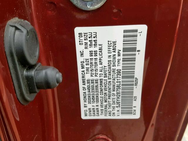 5J6YH28758L017390 - 2008 HONDA ELEMENT EX RED photo 10