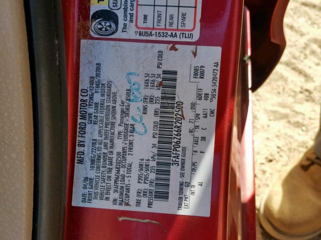 3FAFP06Z66R202500 - 2006 FORD FUSION S RED photo 10