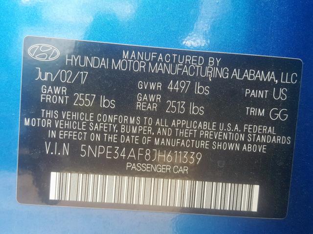 5NPE34AF8JH611339 - 2018 HYUNDAI SONATA SPO BLUE photo 10