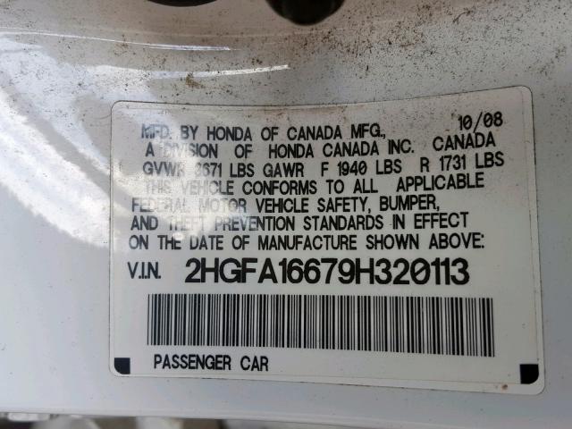 2HGFA16679H320113 - 2009 HONDA CIVIC LX-S WHITE photo 10