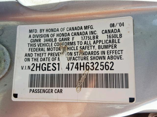 2HGES16474H632562 - 2004 HONDA CIVIC DX GRAY photo 10