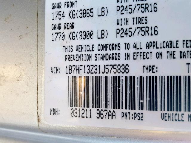 1B7HF13Z31J575836 - 2001 DODGE RAM 1500 SILVER photo 10