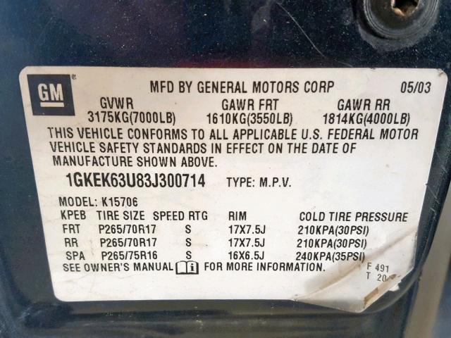 1GKEK63U83J300714 - 2003 GMC YUKON DENA GRAY photo 10