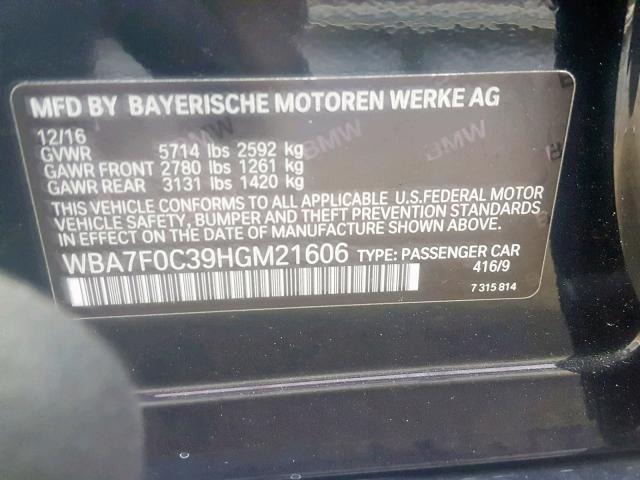 WBA7F0C39HGM21606 - 2017 BMW 750 I BLACK photo 10