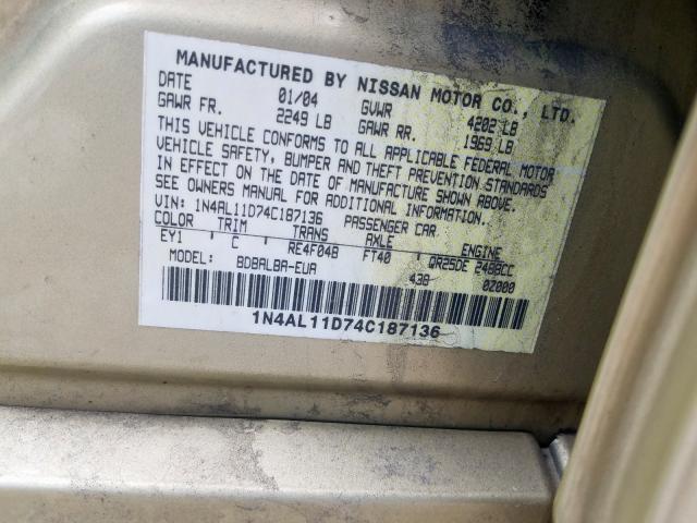 1N4AL11D74C187136 - 2004 NISSAN ALTIMA BASE  photo 10