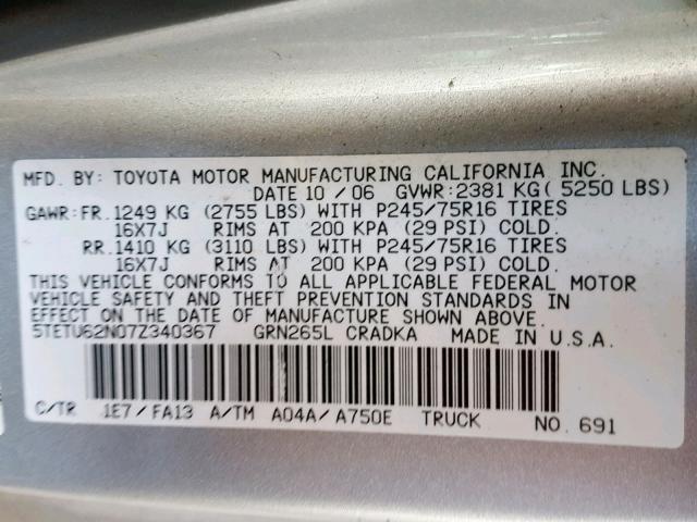 5TETU62N07Z340367 - 2007 TOYOTA TACOMA PRE SILVER photo 10