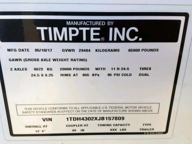 1TDH4302XJB157809 - 2017 TIMP TRAILER WHITE photo 10