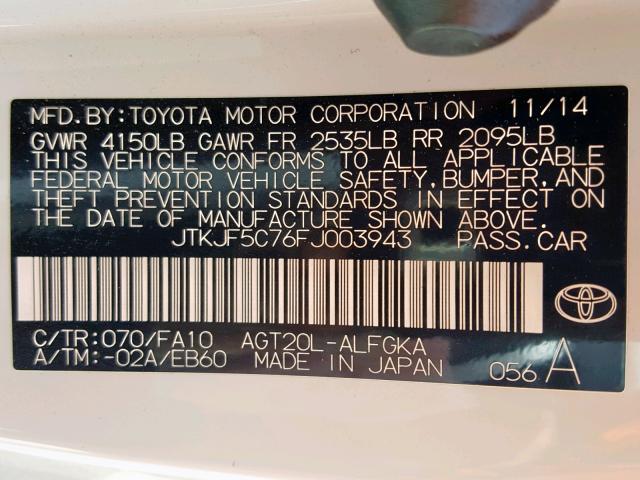 JTKJF5C76FJ003943 - 2015 TOYOTA SCION TC WHITE photo 10