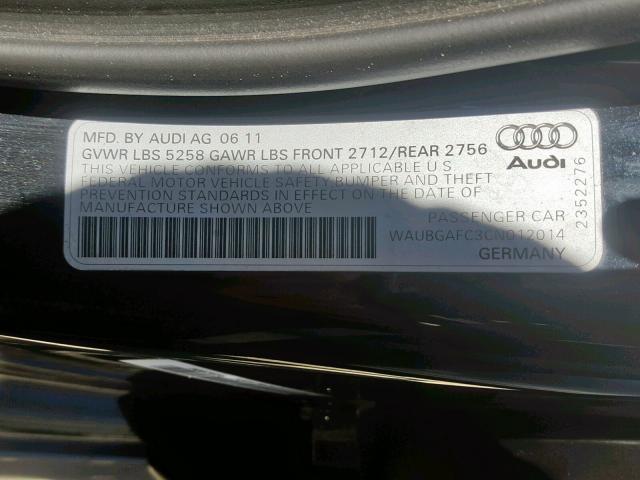 WAUBGAFC3CN012014 - 2012 AUDI A6 BLACK photo 10