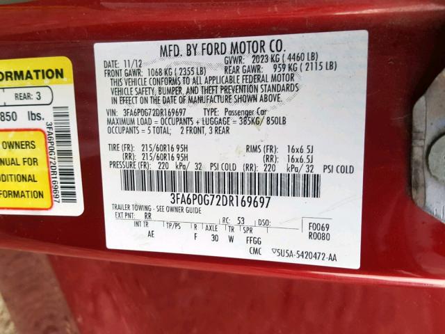 3FA6P0G72DR169697 - 2013 FORD FUSION S RED photo 10