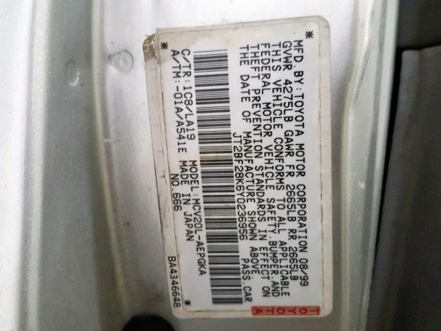 JT2BF28K6Y0236956 - 2000 TOYOTA CAMRY LE GRAY photo 10