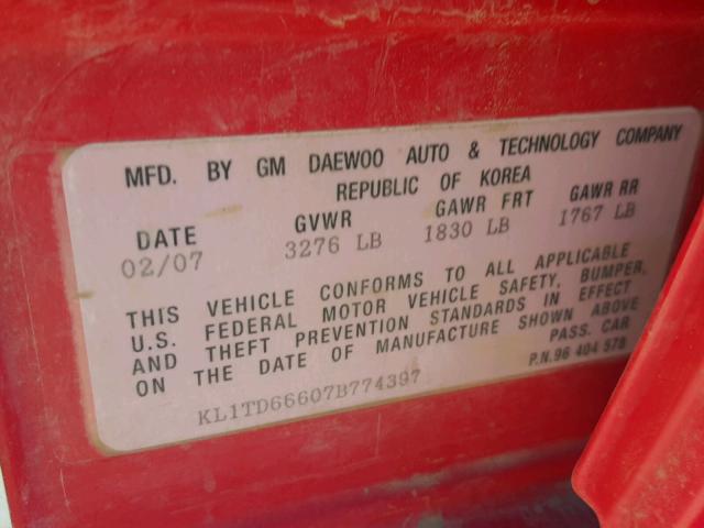 KL1TD66607B774397 - 2007 CHEVROLET AVEO BASE Qırmızı foto 10