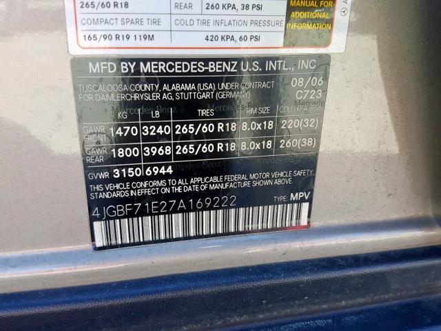 4JGBF71E27A169222 - 2007 MERCEDES-BENZ GL 450 4MA SILVER photo 10