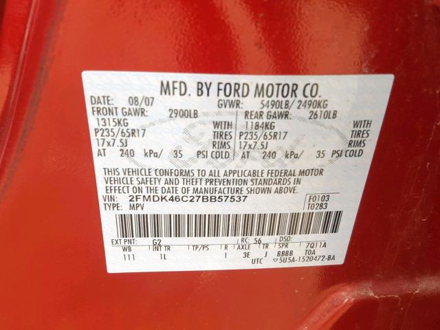 2FMDK46C27BB57537 - 2007 FORD EDGE SE RED photo 10